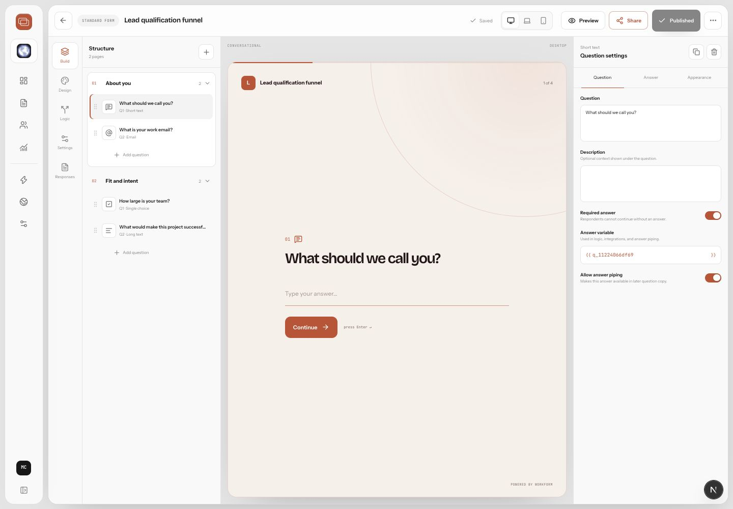 WorkForm Studio builder with form structure, preview, design, logic, settings, and responses tabs.