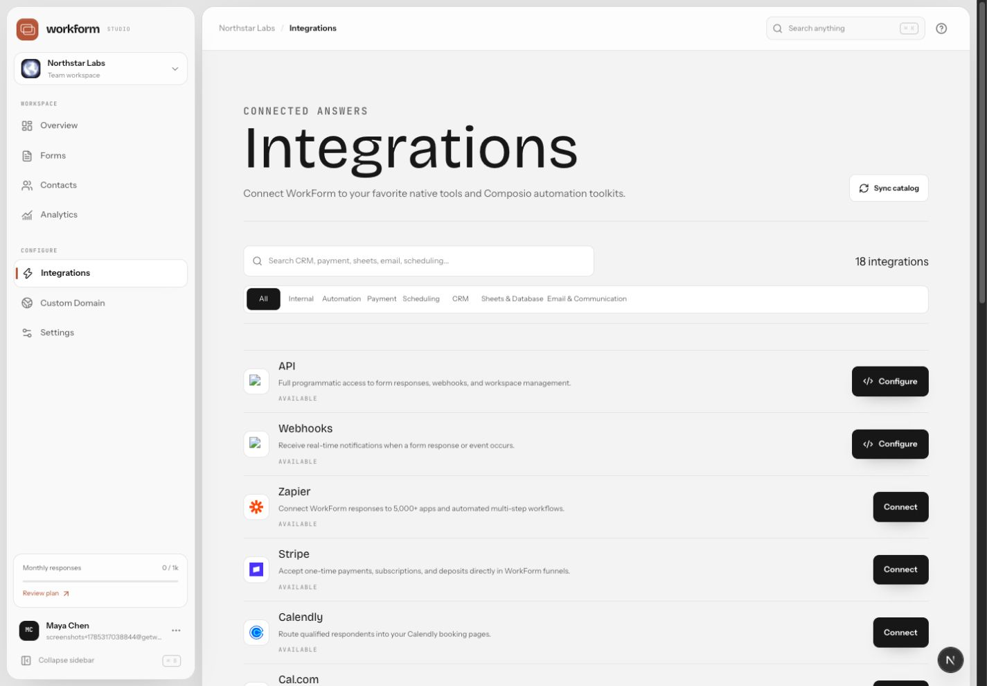 WorkForm Studio integrations catalog page.