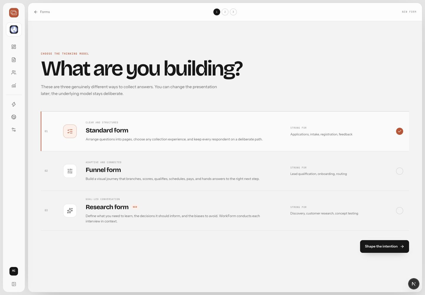 WorkForm Studio new form screen with AI and manual creation options.