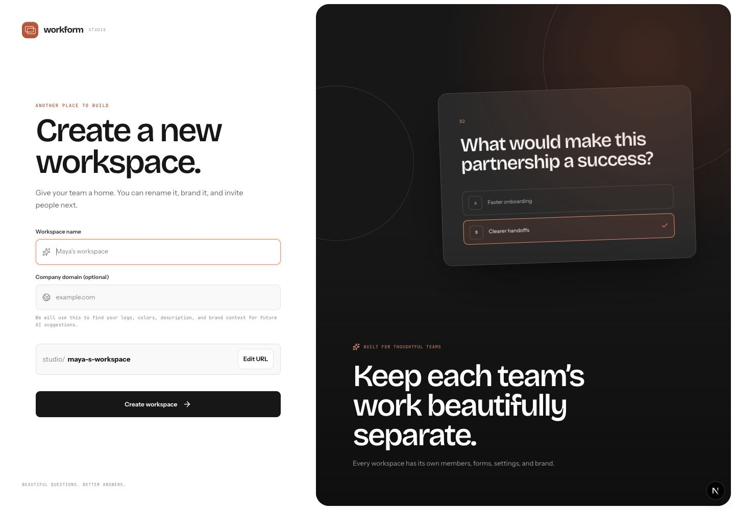 WorkForm Studio onboarding screen for creating a workspace.