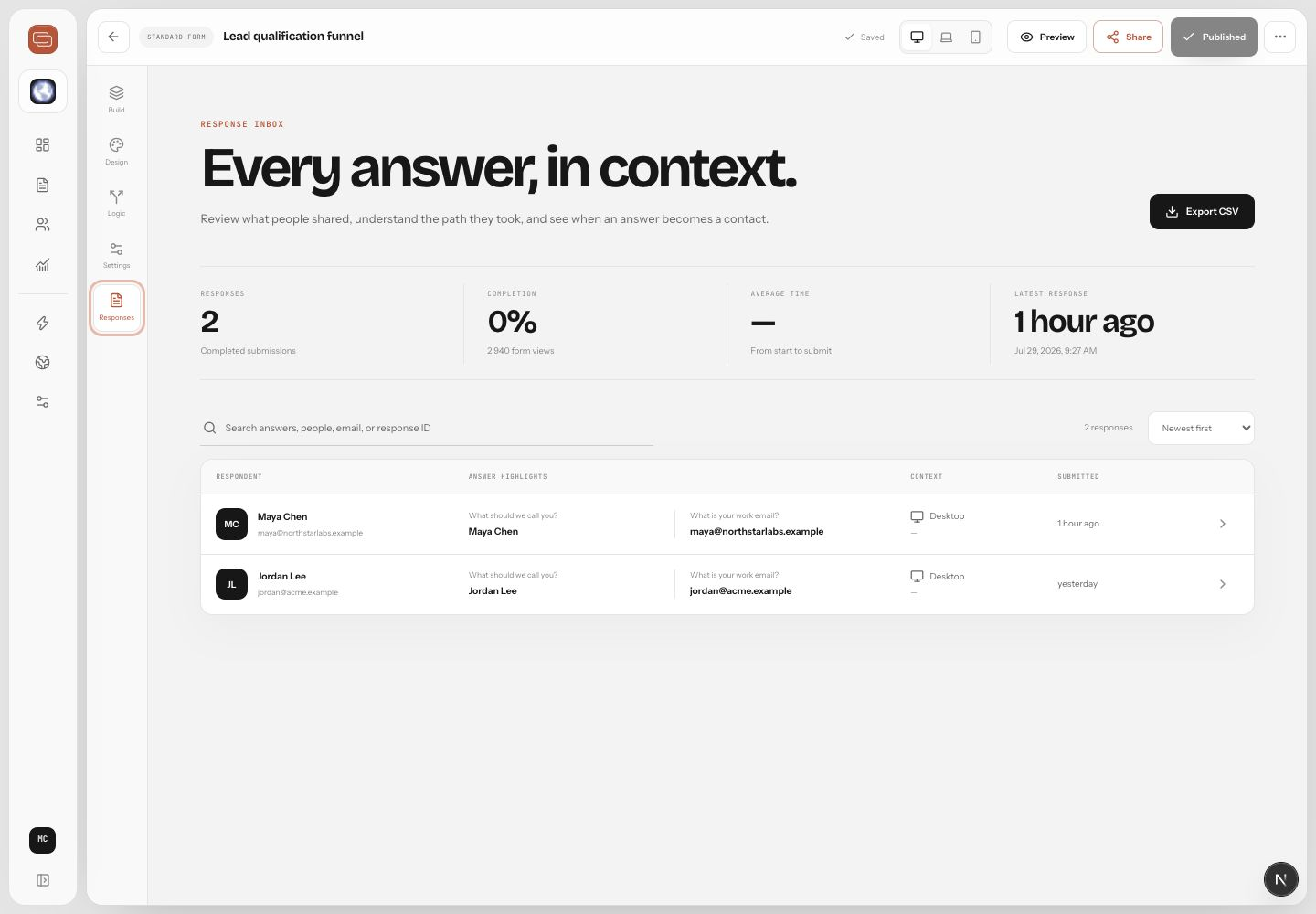 WorkForm Studio response inbox with completed submissions and answer highlights.